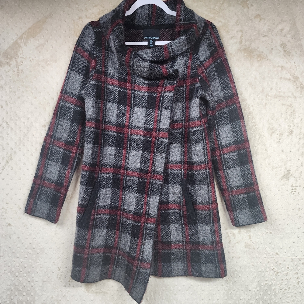 Cynthia Rowley Soft Chunky Plaid Red Black Long Cardigan Sweater Jacket Size M
